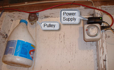 Counterweight and its pulley, 12V power supply